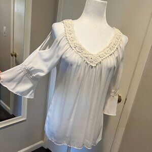 Charming Charlie Cream cold shoulder embroidered blouse bell sleeves, Size S